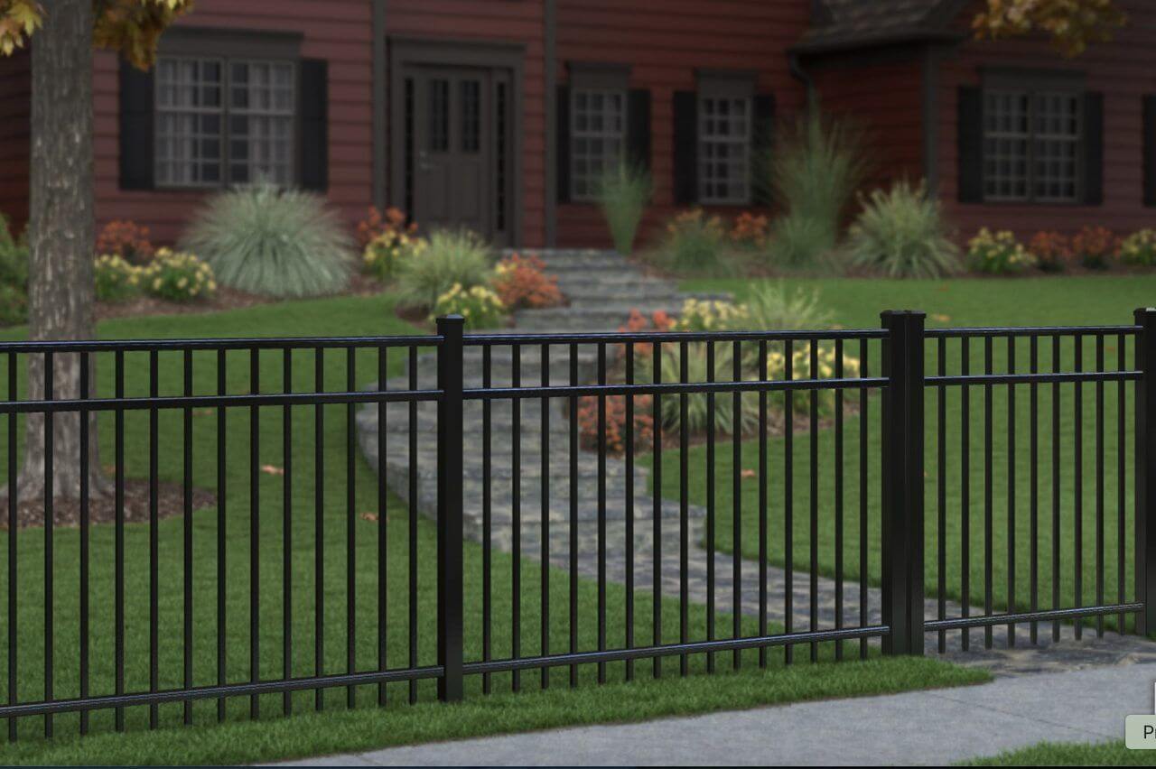 Black flat-top aluminum fence in front of a brick home in Louisville, Kentucky