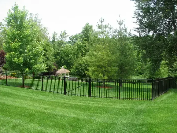 Black aluminum fence and walk gate around a wooded backyard lawn in Louisville, Kentucky